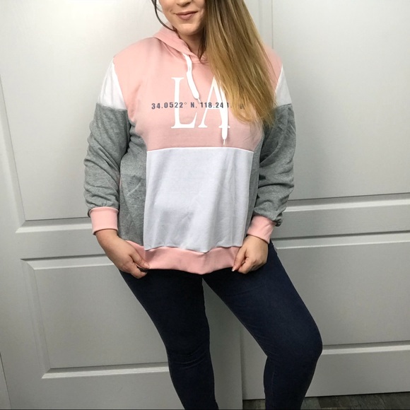 Pink gray and white LA graphic color block sweater - Picture 7 of 7